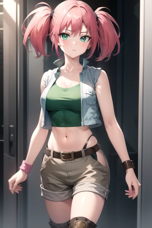 ((masterpiece)),(best quality),official art,extremely detailed CG,unity 8k wallpaper,ultra detailed,beautiful detailed eyes,extremely detailed face,1girl,solo,cowboy shot,looking at viewer,facing viewer,Nadia Cassel(ms),pink hair,twintails,long hair,bangs,green eyes,collarbone,cleavage,crop top,midriff,beige vest,tank top,green shirt,medium breasts,wristband,navel,belt,brown shorts,short shorts,shorts rolled up,hip vent,fanny pack,knee pads,brown footwear,boots,<lora:Nadia Cassel-remake(ms)>,