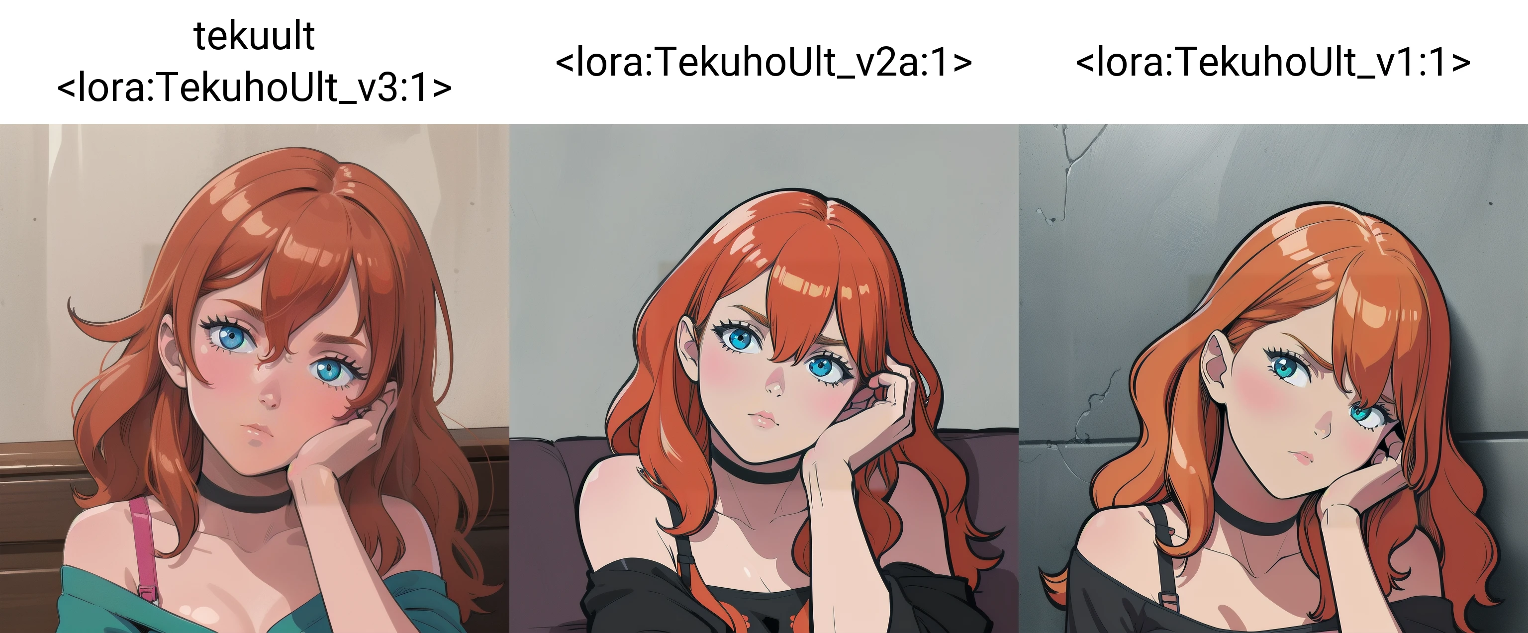 best quality tekuult <lora:TekuhoUlt_v3:1>, flat shading, 1girl, solo, solo focus, portrait, upper body, orange hair, wavy hair, long hair, off-shoulder shirt, bra strap, black choker, head rest, hand on own face, head tilt, medium breasts, expressionless, bored, looking at viewer