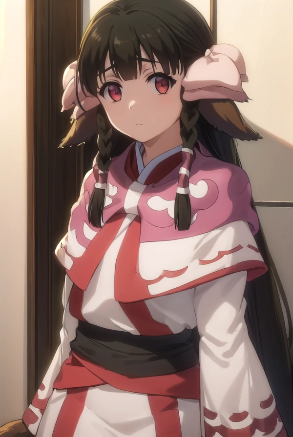 utawarerumonorurutie, <lora:utawarerumono rurutie s2-lora-nochekaiser:1>,
rurutie, long hair, bangs, black hair, animal ears, sidelocks, hair tubes, (red eyes:1.3), bow, hair bow, braid, twin braids,
BREAK long sleeves, tail, ainu clothes, capelet, wide sleeves,
BREAK outdoors,
BREAK looking at viewer, (cowboy shot:1.5),
BREAK <lyco:GoodHands-beta2:1>, (masterpiece:1.2), best quality, high resolution, unity 8k wallpaper, (illustration:0.8), (beautiful detailed eyes:1.6), extremely detailed face, perfect lighting, extremely detailed CG, (perfect hands, perfect anatomy),