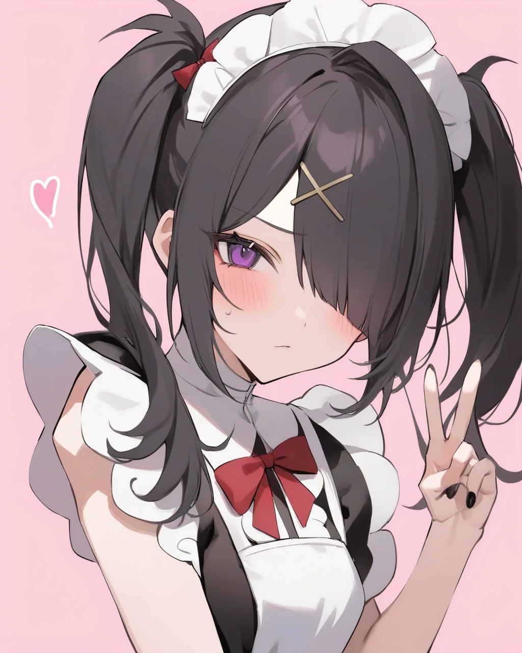 masterpiece,best quality,<lora:ame-chan:1>,ame-chan \(needy girl overdose\),1girl,pill,twintails,solo,black hair,maid headdress,maid apron,hair over one eye,v,red bow,looking at viewer,x hair ornament,purple eyes,blush,pink background,nail polish,white apron,hair bow,black nails,drugs,simple background,enmaided,heart,upper body,puffy short sleeves,long hair,bangs,black dress,