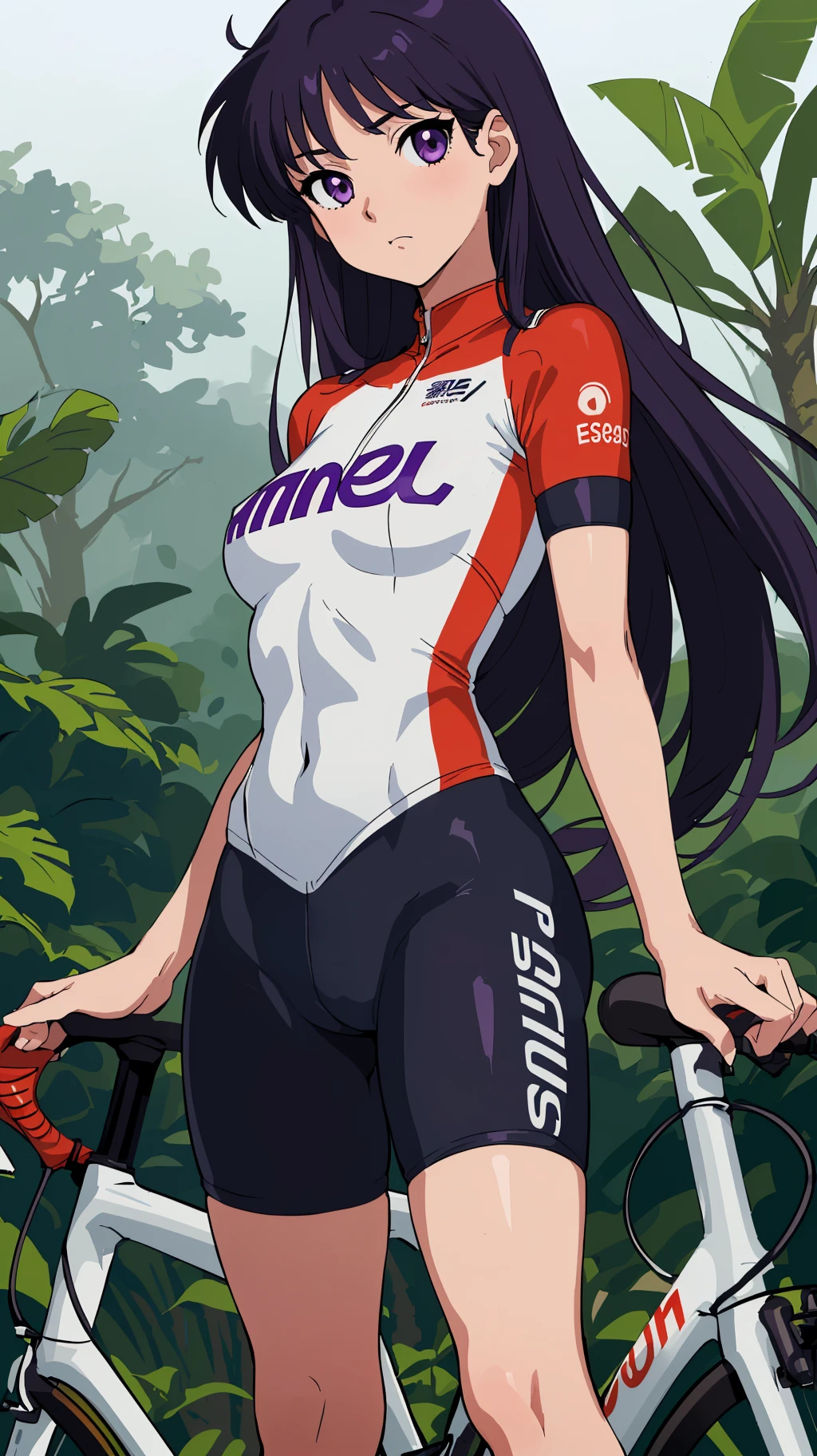 masterpiece, best quality, 1girl, solo, facing viewer, (art by Naoko Takeuchi), <lora:EPsmSailorMars-08:0.7>,EPsmSailorMars, purple eyes, purple hair, very long hair, (Cycling jersey and padded shorts:1.2), jungle, evening