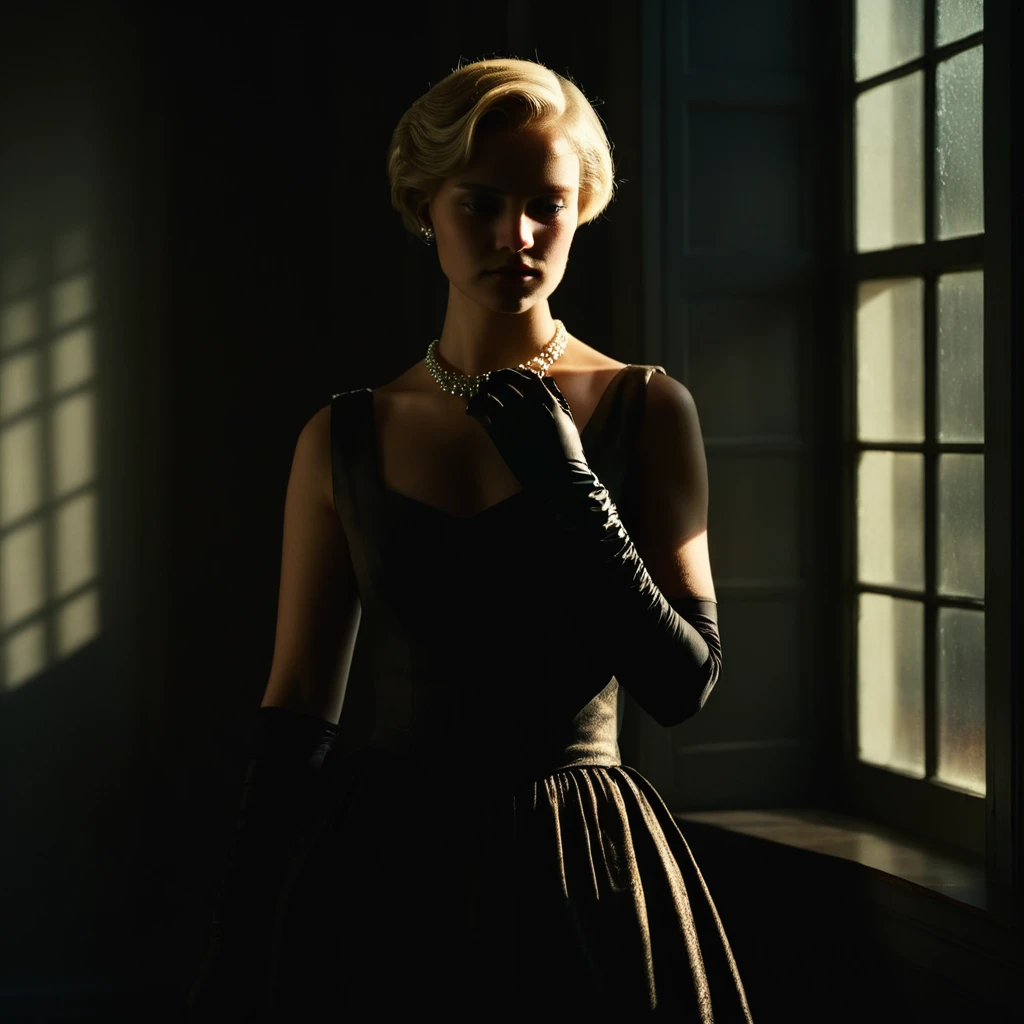 cinematic film still of <lora:Rembrandt Lighting Style:1>
dramatic, cinematic, shadow, partially covered in shadow, a woman in a dress standing by a window Rembrandt Lighting Style, 1girl, solo, short hair, blonde hair, gloves, dress, jewelry, black gloves, elbow gloves, necklace, realistic, shallow depth of field, vignette, highly detailed, high budget, bokeh, cinemascope, moody, epic, gorgeous, film grain, grainy