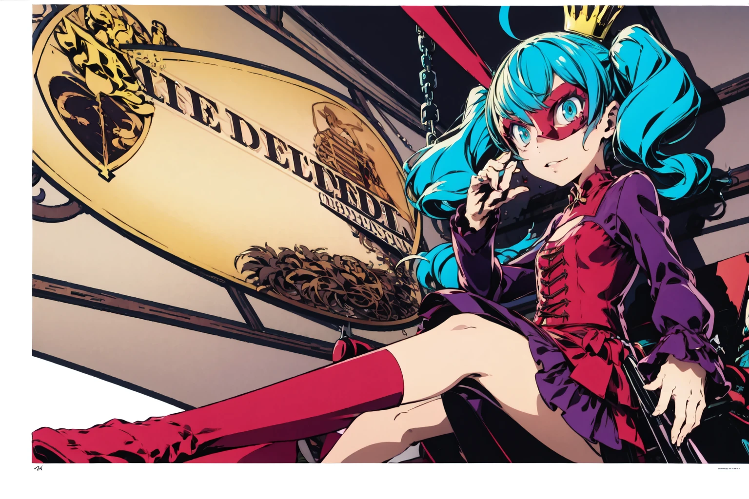 <lora:Persona5Cruncher>,PersonaCruncher,mask,<lora:RomeoAndCinderella:0.6>,<lora:mikuhatsunetest:0.7>,miku hatsune,ahoge,aqua eyes,aqua hair,crossed bangs,hair between eyes,long hair,twintails,panorama,chain,bow tie,crown,flower,detached sleeves,red dress,puttee,dance shoes,upper body,1girl,solo,caution tape,smile,keep out,\\m/,parody,, masterpiece,best quality,highres,ultra high res,(abstract art:1.2),2d,(highlydetailed),(colorful),(intenseexpression),(fashionable),