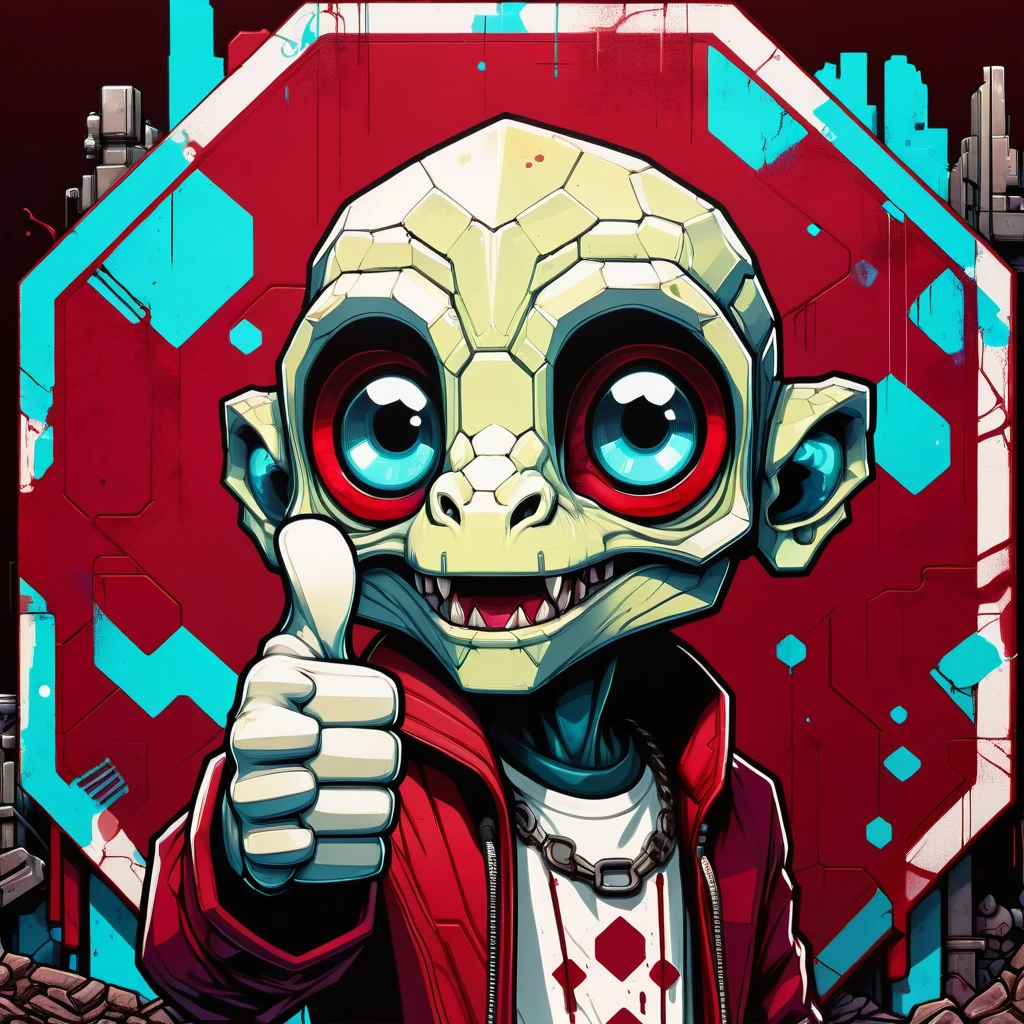 DonMSt0pS1gnXL octagon garnet red, chameleos, thumbs up ,street art, post-apocalyptic, cultural hub, 3d texture mapping, re engine, atmospheric, silkscreen printing, expressionism art, color grading, extraordinary work, 2k, original, personification <lora:DonMSt0pS1gnXL-000006:0.75>