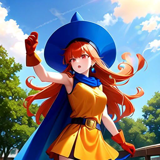 Alena is an amazing girl, red eyes, orange long hair, splashed hair tips,  blue hat, earrings, blue cape, yellow dress, short sleeves, belt, gloves,  skirt,  ( low saturation) , in wild, beautiful sky