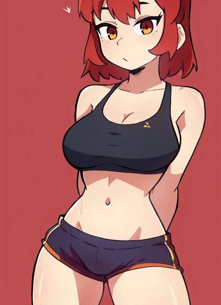 girl, standing, sports bra, side stripe shorts, large_breasts, red_hair, shiny_skin, arms_behind_back, solo, simple_background, looking_at_viewer, from_front, straight_on,
<lora:homebrew_dashi3full-000006:0.8>, <lora:homebrew_bocchi_kita:0.3>