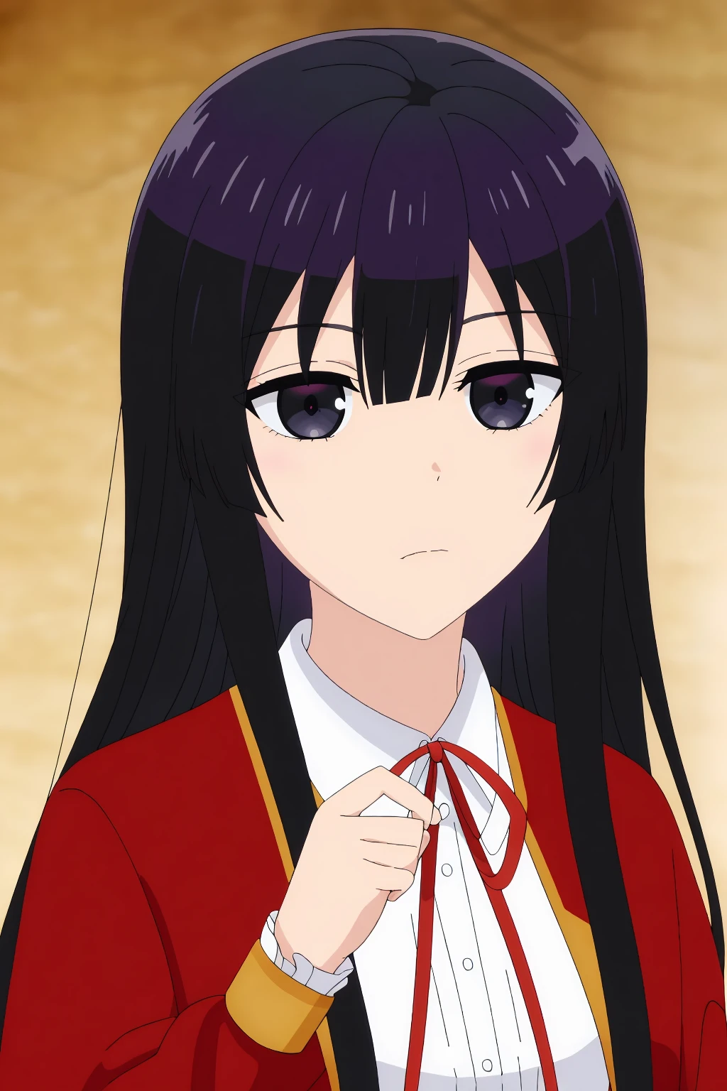 ((best quality)),((highly detailed)),masterpiece,absurdres,detailed face,beautiful face,(detailed eyes, deep eyes),1girl,((dynamic pose)) , <lora:EumiellaV1:0.7>Eumiella, black eyes, solo, long hair, black hair, shirt, looking at viewer, ribbon, white shirt, collared shirt, bangs, red ribbon, hand on own chest, neck ribbon, closed mouth, jacket, red jacket, school uniform, portrait, expressionless, upper body, dress shirt, hair between eyes, hand up, sidelocks, hime cut, frown, blurry, wing collar, blunt bangs, blazer, close-up, blurry background, simple background, buttons