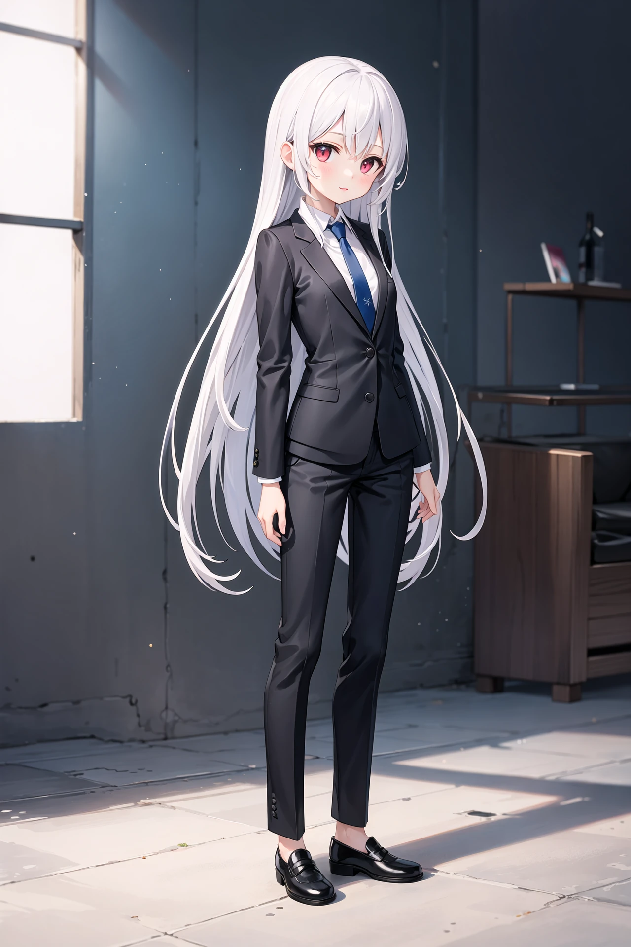 (((masterpiece))), best quality, illustration, young girl, 1girl with light white long hair, beautiful detailed red eyes, light white long straight hair, ((cute)), (petite), slim, black suit, ((black business suit)), suit pants, dark blue tie, solo, solo focus, standing, white wall, full body