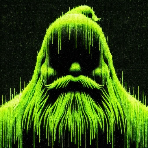 Matrix A silhouette of a Santa clause made entirely of green code, resembling the style seen in the Matrix movie, against a black background. The image should capture the essence of the digital world depicted in the Matrix, with streams of green code flowing and forming the Santa clause figure. <lora:Matrix-000010:0.4>