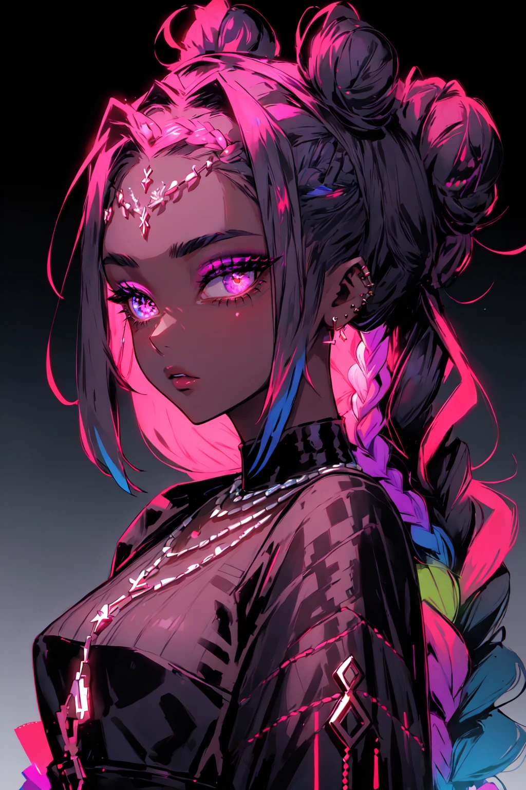 blacklightdskStyle, 1girl, solo, long hair, looking at viewer, jewelry, braid, multicolored hair, earrings, parted lips, looking back, dark skin, necklace, hair bun, twin braids, dark-skinned female, double bun, makeup, piercing, portrait, eyeshadow, masterpiece, official art, absurdres, 32k UHD, 4 point perspective, vantage point, <lora:blacklightstyle:1>
