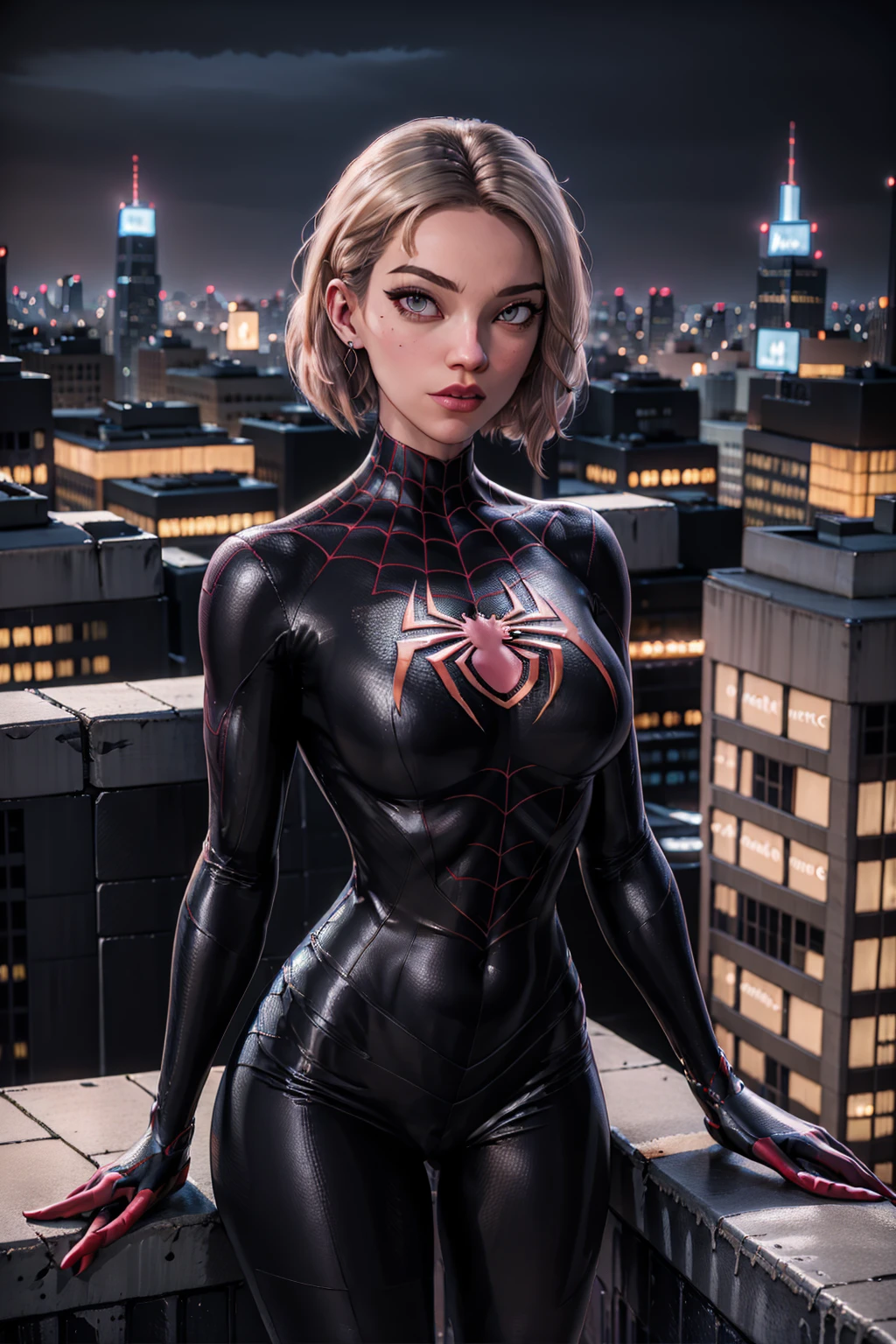 <lora:gwen_1.5:0.5> gwen stacy, Assymetric bob with side shave, new York skyline at night background, rooftop ledge, , spiderman, milessuit , <lora:miles:0.6>,, (unmasked), ,