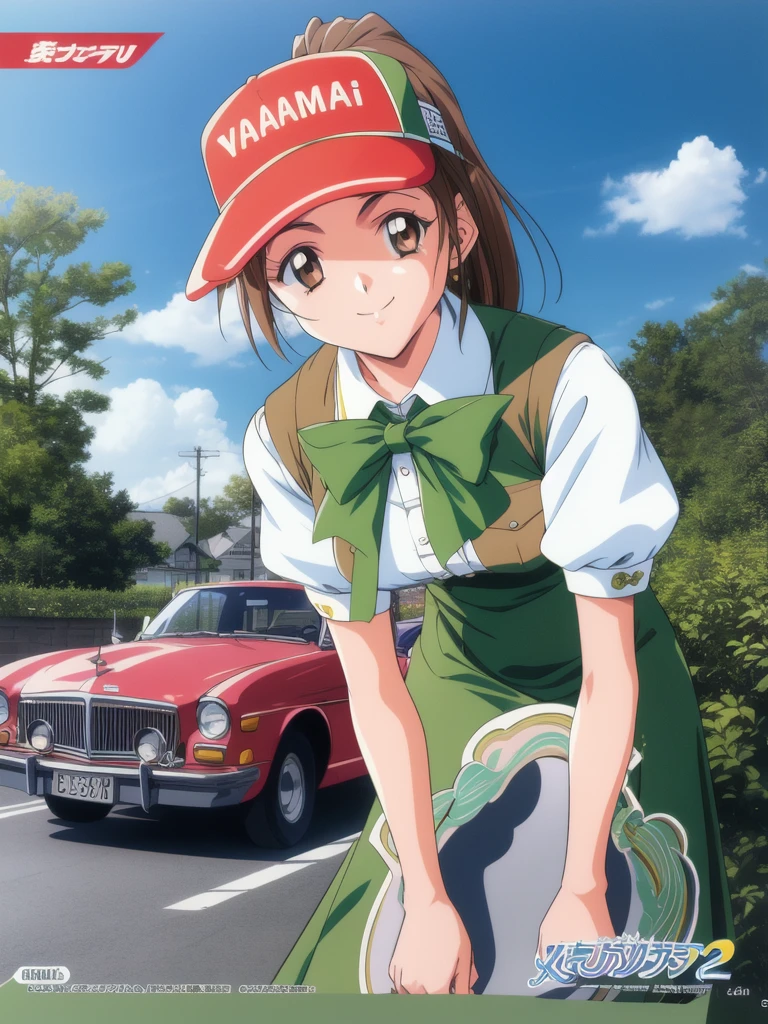 <lora:Kudanshita_Maeka:0.8>kudanshitamaeka, 1girl, solo, brown hair, visor cap, brown eyes, smile, short sleeves, outdoors, copyright name, day, 1990s (style), uniform, looking at viewer, green bow, high ponytail, waitress, holding, v arms, employee uniform, retro artstyle, logo, ground vehicle, leaning forward, bow, long hair, sky, ribbon,
masterpiece, high quality, very_high_resolution, large_filesize, full color,