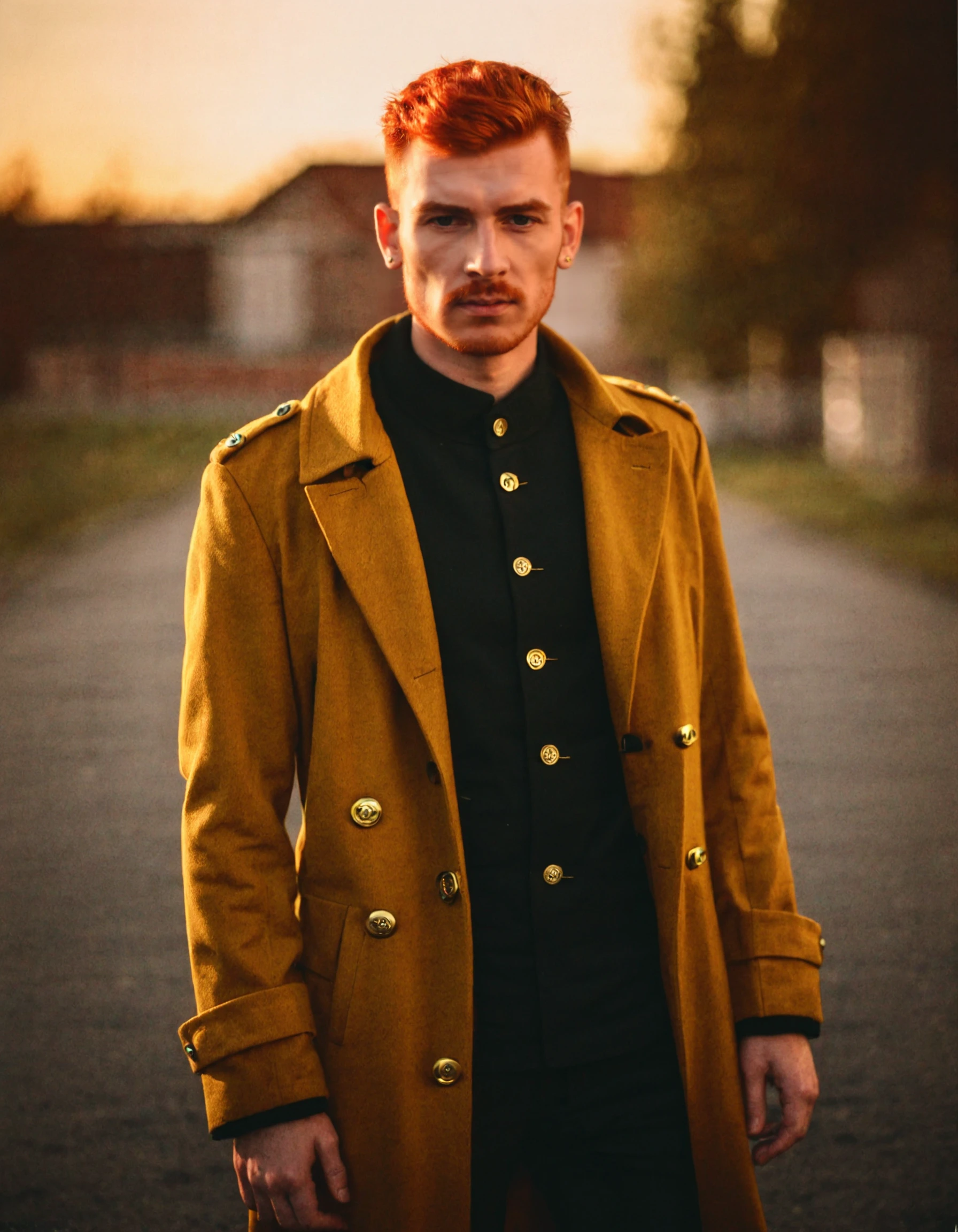 ftsy-gld, a character photo portrait of a Bosnian man with red hair Showcasing a stylish, military-inspired peacoat with brass buttons and tailored trousers, a character portrait by Matej Sternen, pexels contest winner, tonalism, backlit portrait, portrait soft light, dramatic light on face