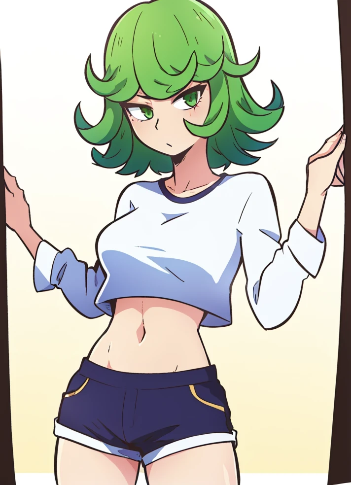 1girl, standing, looking_at_viewer, shiny_skin, white_background, solo, cowboy_shot, full_body, tatsumaki, green_eyes, white shirt, crop_top, navel, skindentation, shorts,
<lora:homebrew_dashi3full-000006:0.9>,