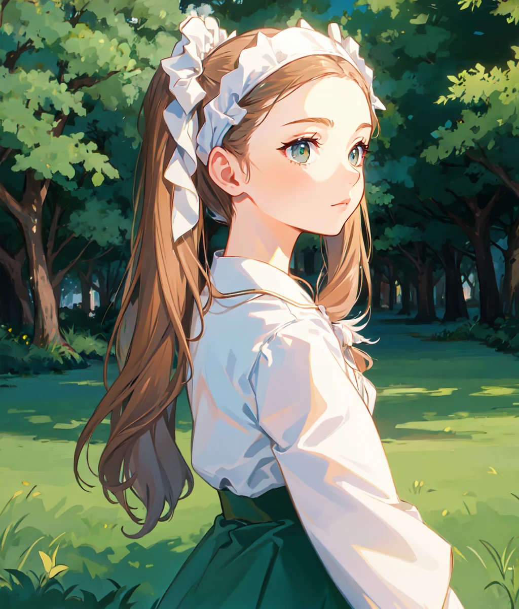 masterpiece, high res, detailed face, detailed eyes, anime screencap, 1 girl, solo, slender, brown hair. grey eyes, long hair, green dress, white collar, white sleeves, pigtails, forehead, headress. outdoors, medieval town. full body, seen from afar. bread basket <lora:Lily:1>