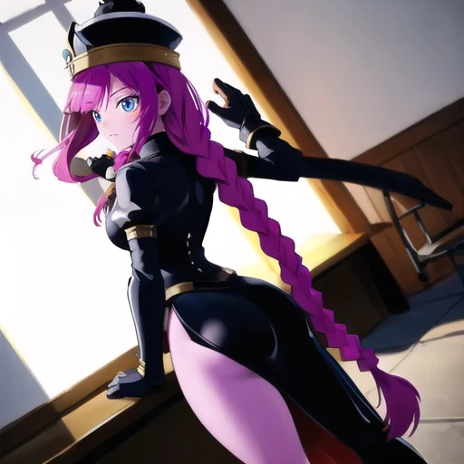, masterpiece, Highest Quality, Highest Resolution, perfect background, perfect perspective, sharp image, perfect details, perfect lighting, perfect shadows, Perfect lighting, Best background,
perfect anime style, mags, colored skin, pink skin, adult, pink ahir, braided hair, long hair, hat, black armored dress, twin braids, blue eyes, gloves, holding onto wall, classroom, white board, from behind, thighs,