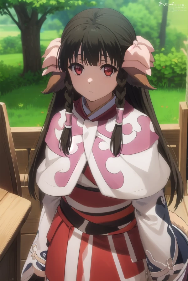 utawarerumonorurutie, <lora:utawarerumono rurutie s2-lora-nochekaiser:1>,
rurutie, long hair, bangs, black hair, animal ears, sidelocks, hair tubes, (red eyes:1.3), bow, hair bow, braid, twin braids,
BREAK long sleeves, tail, ainu clothes, capelet, wide sleeves,
BREAK outdoors,
BREAK looking at viewer, (cowboy shot:1.5),
BREAK <lyco:GoodHands-beta2:1>, (masterpiece:1.2), best quality, high resolution, unity 8k wallpaper, (illustration:0.8), (beautiful detailed eyes:1.6), extremely detailed face, perfect lighting, extremely detailed CG, (perfect hands, perfect anatomy),