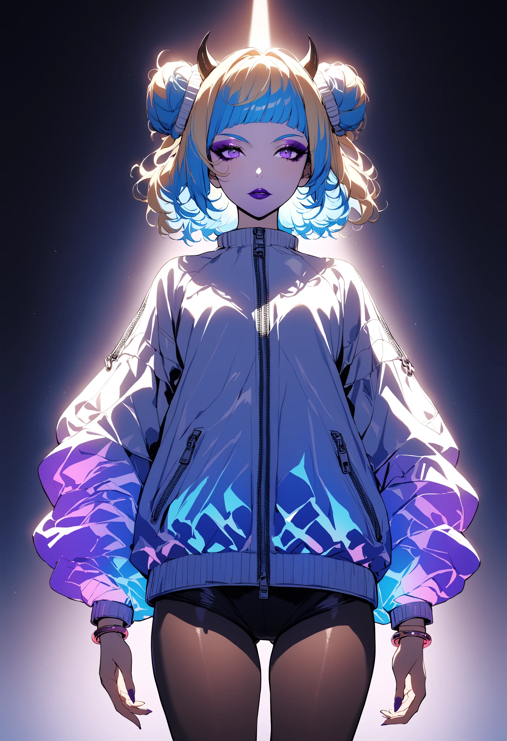 1girl, afro, arms at sides, blonde hair, blue hair, bracelet, double bun, grey background, holo-punk style, horns, jewelry, lips, lipstick, long hair, makeup, pantyhose, purple lips, shirt, short hair, simple background, solo, swimsuit, zipper, cinematic angle, foreshortening, dark, dark background, cinematic lighting, masterpiece, best quality , <lora:HoloPunkXL:1>
