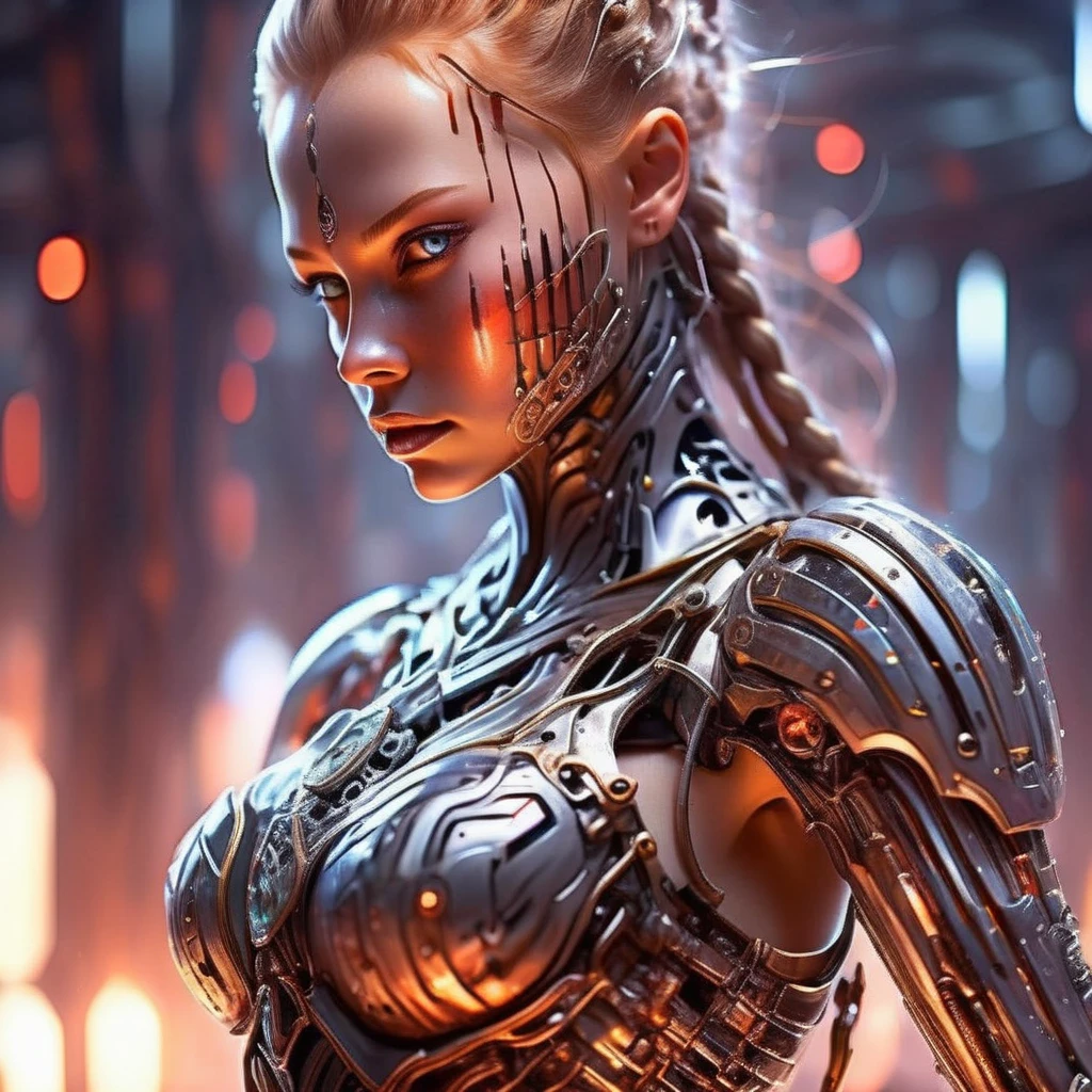 techmai female warrior with sword on battlefield, crystal body, time machine, expressive <lora:techmai:1>