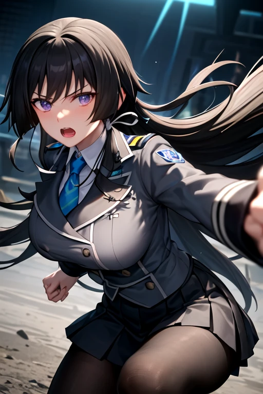 yui,(uniform, military uniform,)1girl, solo,(masterpiece,best quality),large breasts,very long hair, miniskirt, looking at viewer ,<lora:takamura yui-4style:1>, katana, holding sword, black legwear,pantyhose,blue necktie,purple eyes, brown hair, floating hair, light particles:1.5, depth of field, white hairband, fighting stance,
(HDR, UHD, 8K,best quality,masterpiece,Highly detailed,Studio lighting,ultra-fine painting,sharp focus,physically-based rendering,extreme detail description,Professional,Vivid Colors),
disdain, disgust, troubled eyebrows,from below, aiming at viewer, pov hands, open mouth, talking,