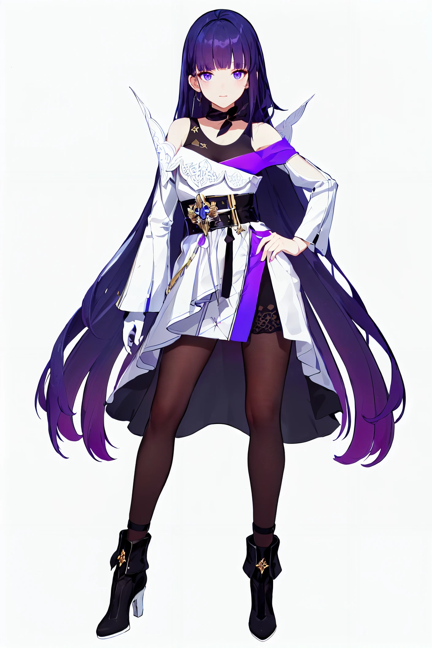 8k,best quality,masterpiece,(ultra-detailed:1.1),(high detailed skin),
(full body:1.3),white background,standing,looking at viewer,(solo:1.4),hand on hip,
<lora:houbeng-v100-000027:0.8:lbw=OUTALL>,houbeng,raiden mei,1girl,long hair,black footwear,purple eyes,pantyhose,purple hair,bangs,single glove,
(white background, simple background:1.6),
(beautiful_face),((intricate_detail)),clear face,
((finely_detailed)),fine_fabric_emphasis,
((glossy)),full_shot,