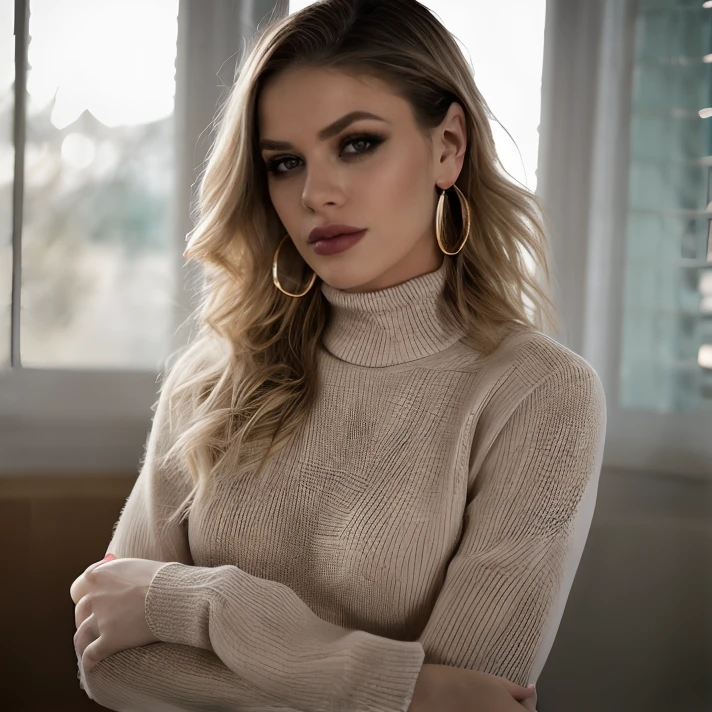 (masterpiece:1.2), (best quality,:1.2), 8k, HDR, ultra detailed, ((photorealistic)), professional light, cinematic lighting, fashion photography, ambient lighting, atmospheric effects, Jessa,<lora:Jessa-10:1>, choker, earrings, jewelry, dark makeup, long and messy hair, dynamic pose, ((portrait shot)), ((perfect hands)), turtleneck pullover, epiCPhoto