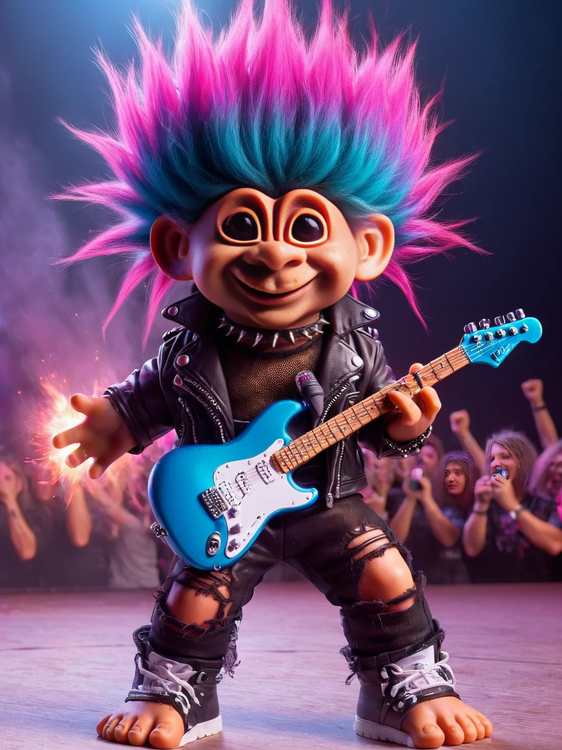ais-trollz rockstar, with a flashy outfit and electric guitar, on a vibrant stage with pyrotechnics, an ecstatic crowd cheering in the background, creating an energetic concert scene <lora:Russ_Trolls_Style_SDXL:1>