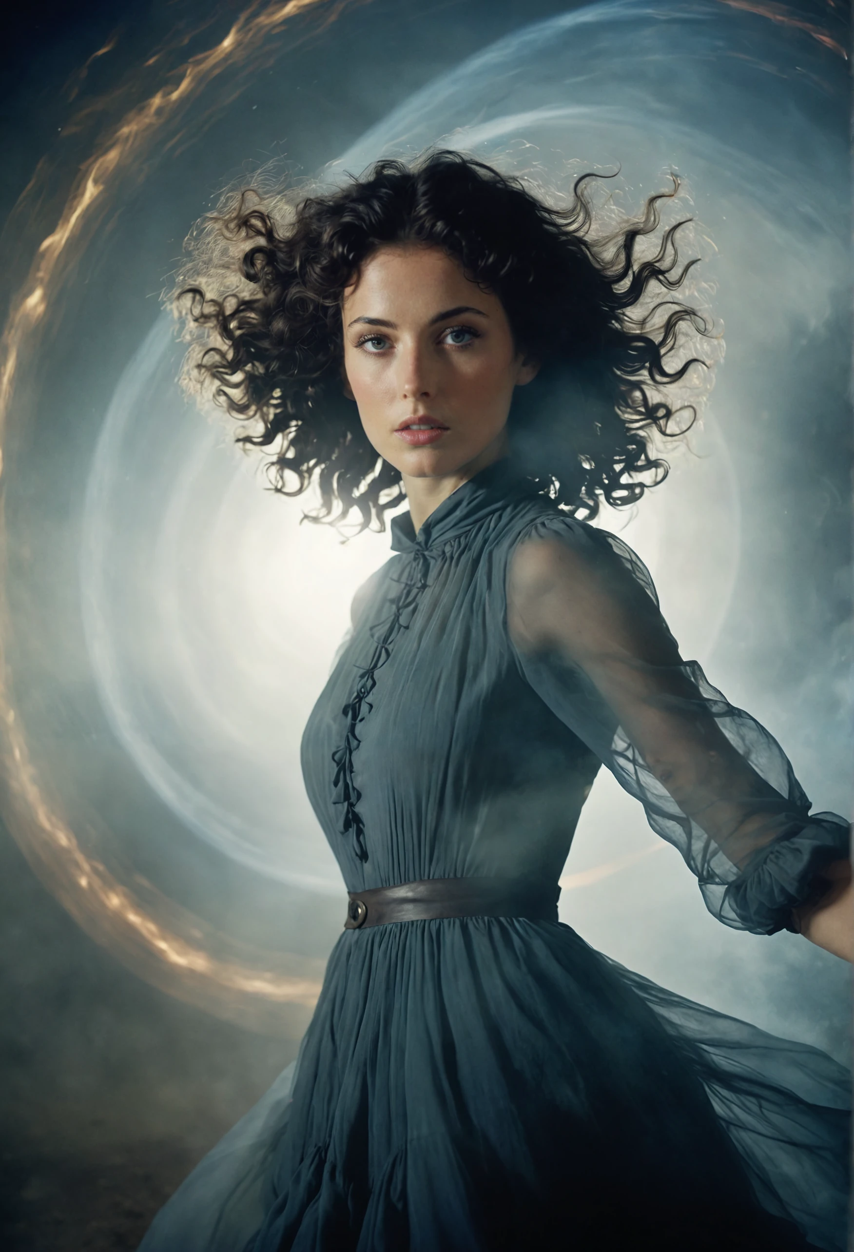 hyperdetailed photograph, a time-traveling woman, dark curly hair, (blue eyes:0.6), ((wormhole)), 1770s era, costume dress, eerie atmosphere, faded picture, overexposed, ambient lit fog, super sharp details, amateur photography, movement of light, long exposure, analog film, subsurface scattering, vignette