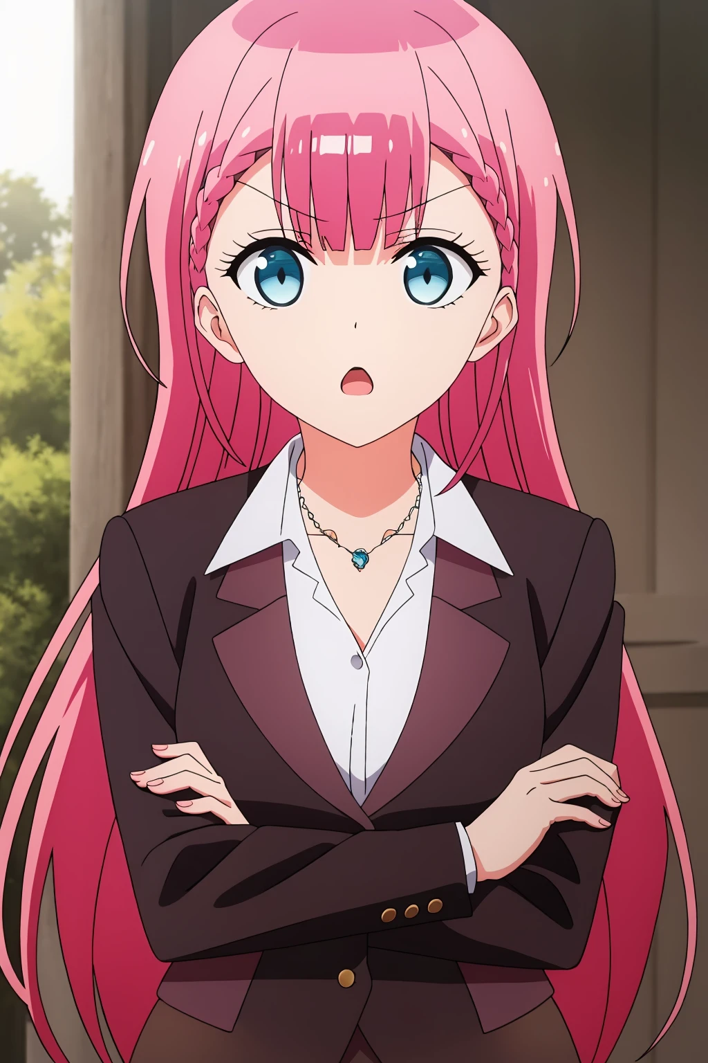 ((best quality)),((highly detailed)),masterpiece,absurdres,detailed face,beautiful face,(detailed eyes, deep eyes),1girl,((dynamic pose)) ,   <lora:MafuyuV1:0.7>, Mafuyu, blue eyes, red hair, long hair, solo, holding, braid, open mouth, jacket, bangs, :o, looking at viewer, skirt, long sleeves, school uniform, outdoors, shirt, very long hair, white shirt, brown jacket, collarbone, standing, formal, day, upper body, suit, collared shirt, crossed arms, blazer, blunt bangs, necklace, black jacket, jewelry, breasts, brown skirt