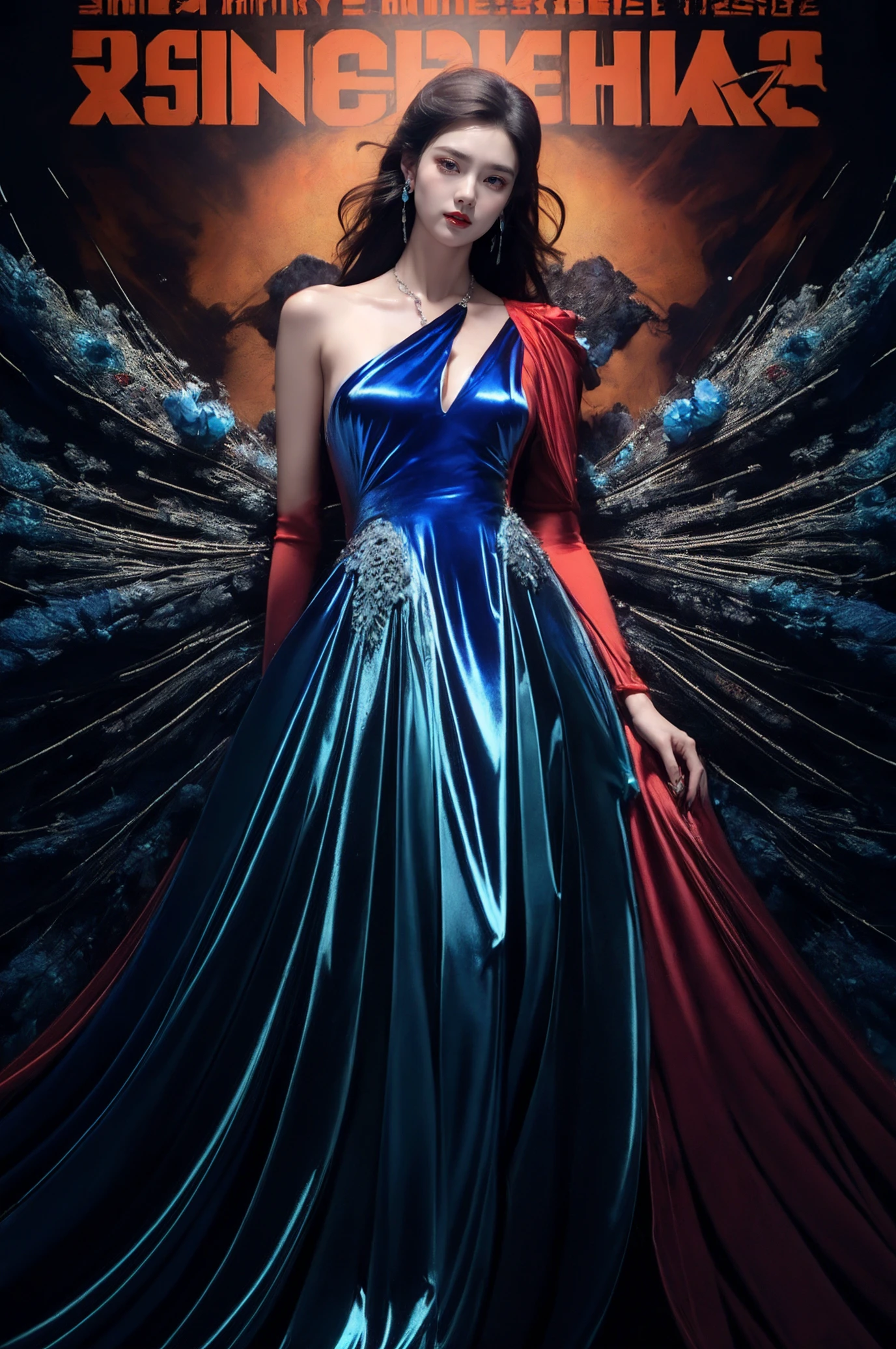 1girl, soloexposed collarbone, exposed shoulders(Milky skin:1.2), (shiny skin:1.4)blue eyes
jewelrynecklaceearringsmakeup(red dress:1.3)(full body:0.6),
A shot with tension(Visual impact,giving the poster a dynamic and visually striking appearance:1.2),
<lora:~Q?-[TV2 xuer peacock feather:0.8>