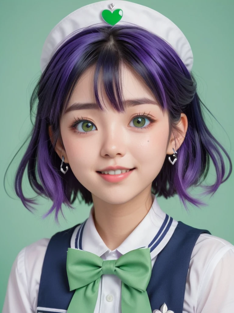 Anime character illustration,female,purple eyes,dark blue hair with green highlights,white tiara,silver heart pendant,white and dark blue sailor uniform,bow-tie with green center,cheerful expression,blush on cheeks,looking upwards,digital art,brush strokes visible,purple background,headshot,anime-style drawing.,