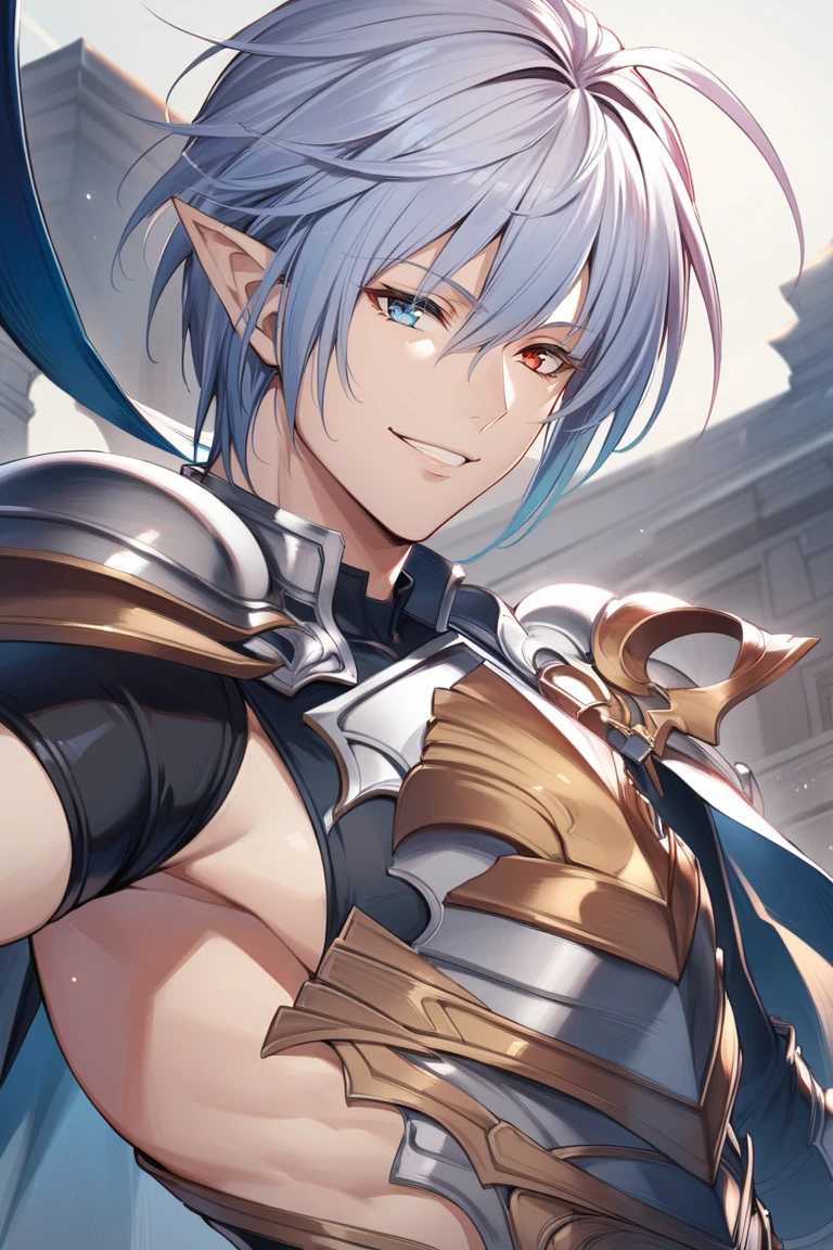 1boy, grimnir, granblue fantasy, grmsd, pointy ears, heterochromia, blue eye, red eye, armor, gauntlets, pauldron, armored boots, cape, greaves,, ((high quality:1.2, masterpiece:1.2)), highly detail, dynamic angle, rating: general, happy, mile shoot, facing viewer, <lora:GrimnirXLGBF-000020:1>, full portrait, dynamic angle
