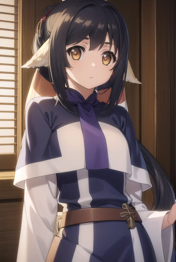 utawarerumonokuon, <lora:utawarerumono kuon s2-lora-nochekaiser:1>,
kuon, long hair, black hair, hair ornament, animal ears, (brown eyes:1.5), very long hair, ponytail, low-tied long hair,
BREAK tail, robe, long sleeves, capelet, wide sleeves,
BREAK outdoors,
BREAK looking at viewer, (cowboy shot:1.5),
BREAK <lyco:GoodHands-beta2:1>, (masterpiece:1.2), best quality, high resolution, unity 8k wallpaper, (illustration:0.8), (beautiful detailed eyes:1.6), extremely detailed face, perfect lighting, extremely detailed CG, (perfect hands, perfect anatomy),