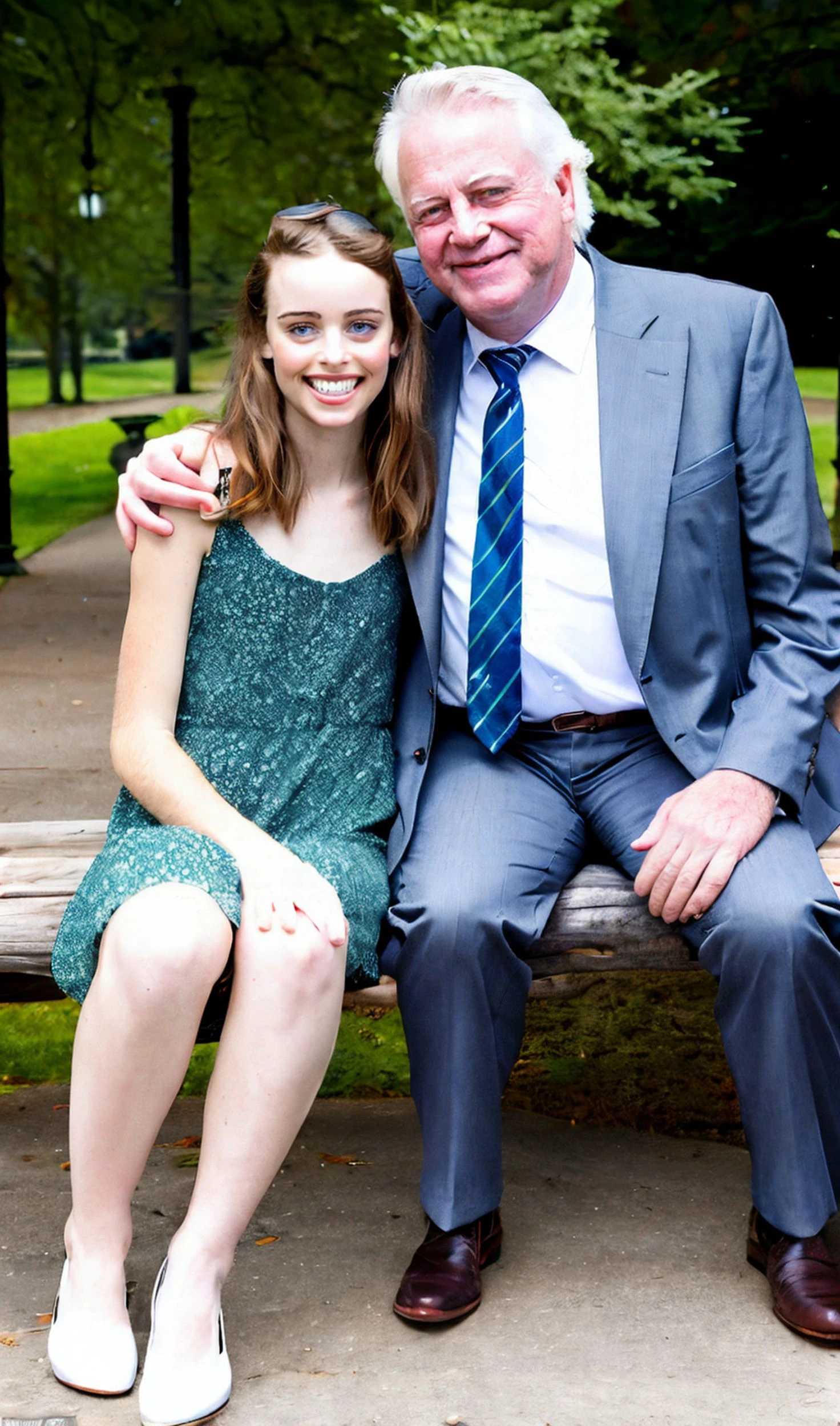 man sitting and woman sitting,r/GWCouples,(full body),couple and Man hugs woman from behind,sitting,photo of an 20-year-old cute and petite white american female idol and ((age difference and size difference)) and old (fat man), <lora:age difference_V1:0.75>  ,woman wearing a dress,realistic,black eyes,(female  looking at viewer and man looking at viewer),man white hair,grin and detailed teeth, nose,lips,thighs,wearing shoes,Man wearing formal suit and trousers, (best aesthetic:1.2) and (best quality:1.2),(photorealistic:1.2) and (Realistic:1.4) and detailed skin textures and detailed skin pores and high skin detail,[Park background, wooden chairs in the park, gazebo],film grain,<lyco:film grainV3:0.4> day, sunlight outdoors,Realistic light,meatshield style,<lora:meatshield style_V1:0.6> real world location