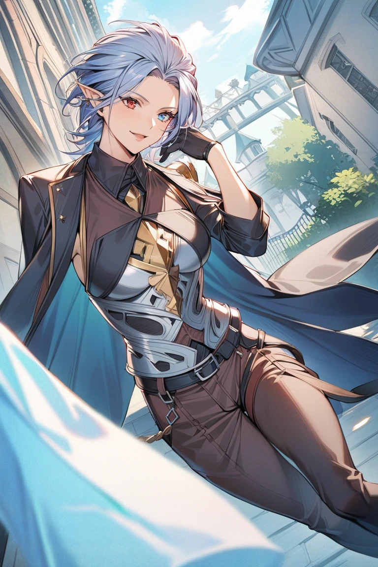 1girl, grmv, absurdly long hair,  hair slicked back, heterochromia, pointy ears, blue eye, red eye, formal, collared red shirt, jacket on shoulders, chain belt, black gloves, pants, black legwear,  ((high quality:1.2, masterpiece:1.2)), highly detail,  dynamic angle, rating: general, happy, mile shoot, facing viewer, , full portrait, dynamic signal, mansion, <lora:GrimnirXLGBF-000020:1>, mature female, medium breasts,