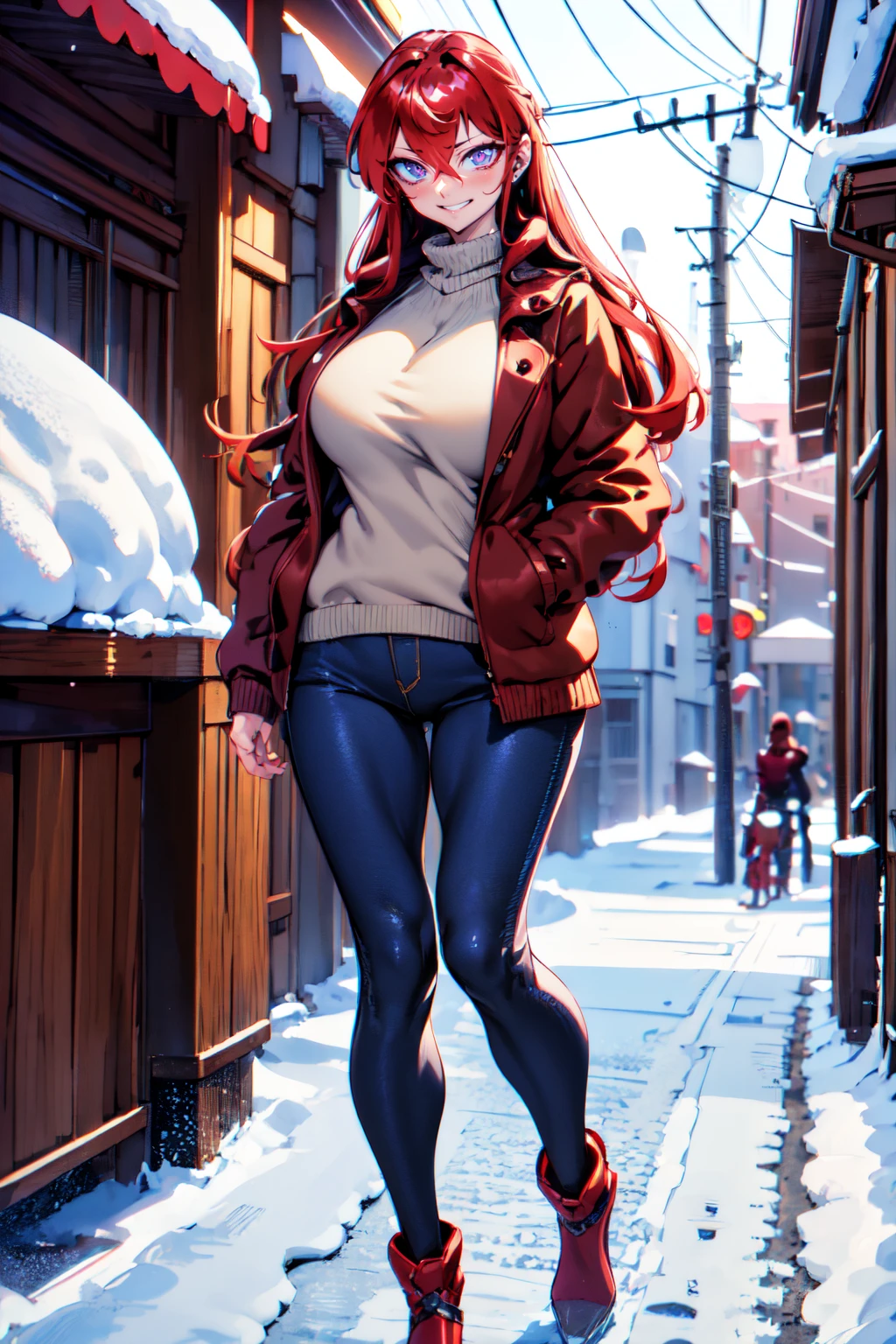 full body, a woman walking on a snowy road, cozy town, lots of snow, cats, starfall, night, beautiful eyes, beautiful girl, high detail skin, high detail eyes, high detail hair, highres, ultra detailed, sharpen picture, Highly detailed, masterpiece, best quality, photorealistic,       <lora:TortureMaryv2LoRA:0.9> 1girl, long hair, bangs, brown thick long winter jacket, beige sweater, blue jeans
