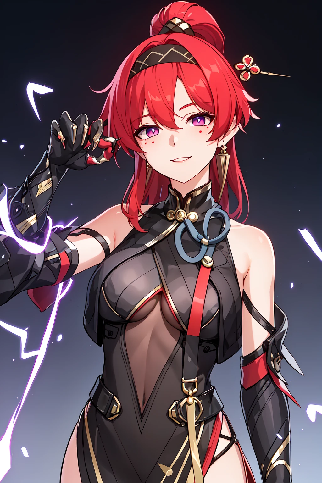 Masterpiece, Best Quality, Super Detailed, High Definition, Expensive Resolution, HDR, 4k, 8K, Unity 8k Wallpaper, Super Detailed CG, Masterpiece, Beautiful Details, Depth, Fine Texture, Super Fine: 1.3, Fully focused, crispy, skin, Very cute anime girl, ((purple eyes)) , looking at camera, ornament, heart, choker, sfw, covered medium breasts, red hair , wearing a Japanese white shiny ninja like outfit, wearing gloves , carrying a sword, fullbody, fighting pose, valley in background 
