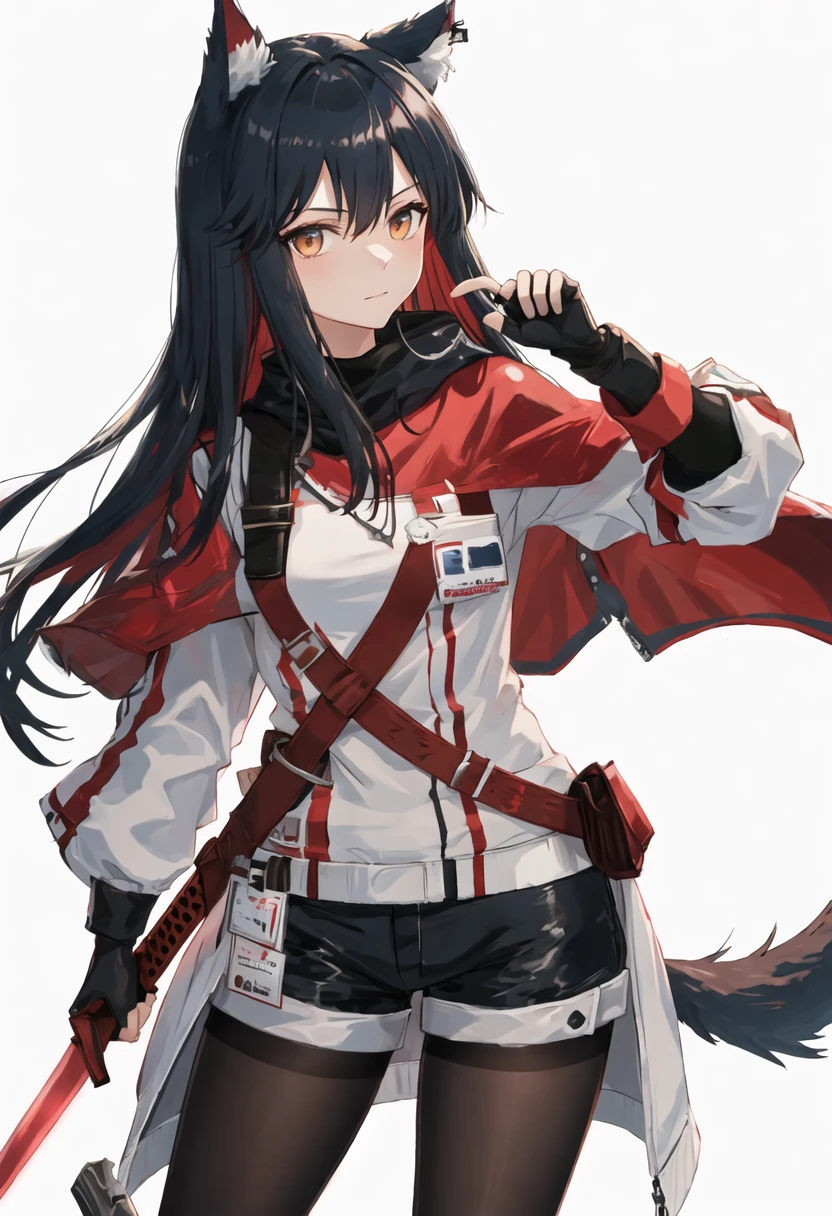 best quality, masterpiece, highres, solo, {texas_arknights:0.90}, 1girl, black_shorts, jacket, long_sleeves, pantyhose, shorts, white_jacket, black_pantyhose, capelet, fingerless_gloves, gloves, holding, sword, weapon, looking_at_viewer, black_gloves, holding_sword, holding_weapon, black_capelet, brown_eyes, short_shorts, closed_mouth, standing, cowboy_shot, colored_inner_hair, id_card, white_background, simple_background