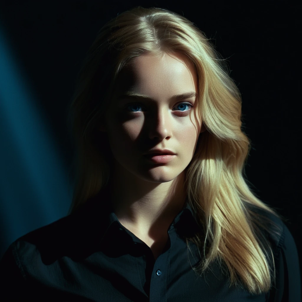 cinematic film still of <lora:Rembrandt Lighting Style:1>
dramatic, cinematic, shadow, partially covered in shadow, a woman in a black shirt posing for a picture Rembrandt Lighting Style, 1girl, solo, long hair, looking at viewer, blue eyes, blonde hair, simple background, shirt, long sleeves, upper body, mole, arm up, lips, black shirt, realistic, shallow depth of field, vignette, highly detailed, high budget, bokeh, cinemascope, moody, epic, gorgeous, film grain, grainy