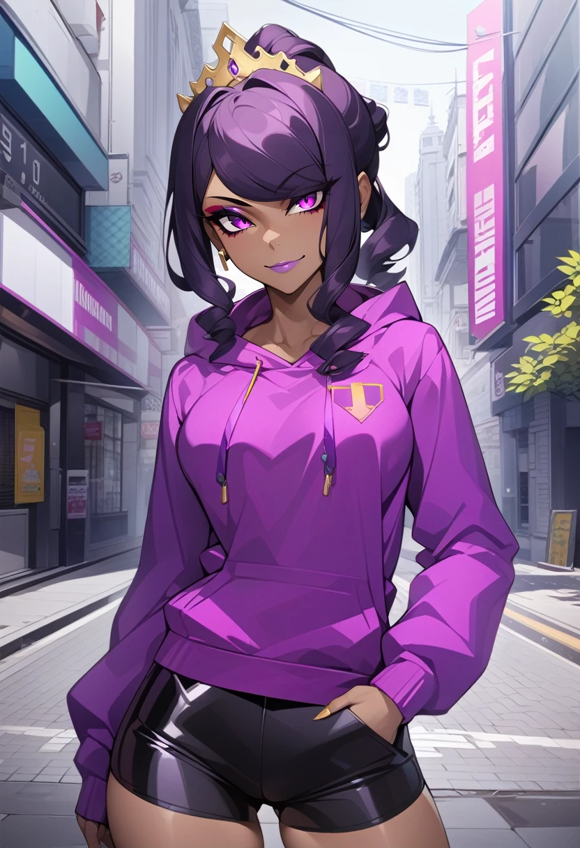 (art by nephlite:0.5), solo, 1girl, danmachiishtar, dark skin, makeup, smile, closed mouth, looking at viewer, hand in pocket, tiara, hoodie, black shorts, outdoors, city street, newest <lora:danmachi_ishtar_xl-000004:0.8>