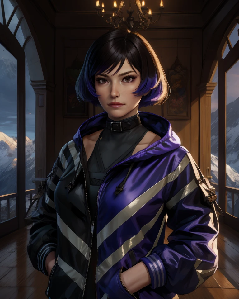 Reina,two-tone hair,brown eyes,
black and purple jacket,hood down,collar,hands in jacket,
standing,upper body,
night,mountain,castle,indoors,
(insanely detailed, masterpiece, best quality),<lora:Reina:0.9>,