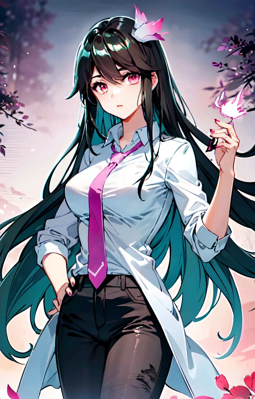 <lora:yaoyao:0.8>, 1girl, solo, black hair, long hair, bangs, pink eyes, large breasts, (( white shirt, jeans, necktie, )), hair ornament, standing, facing viewer, hand on hip,