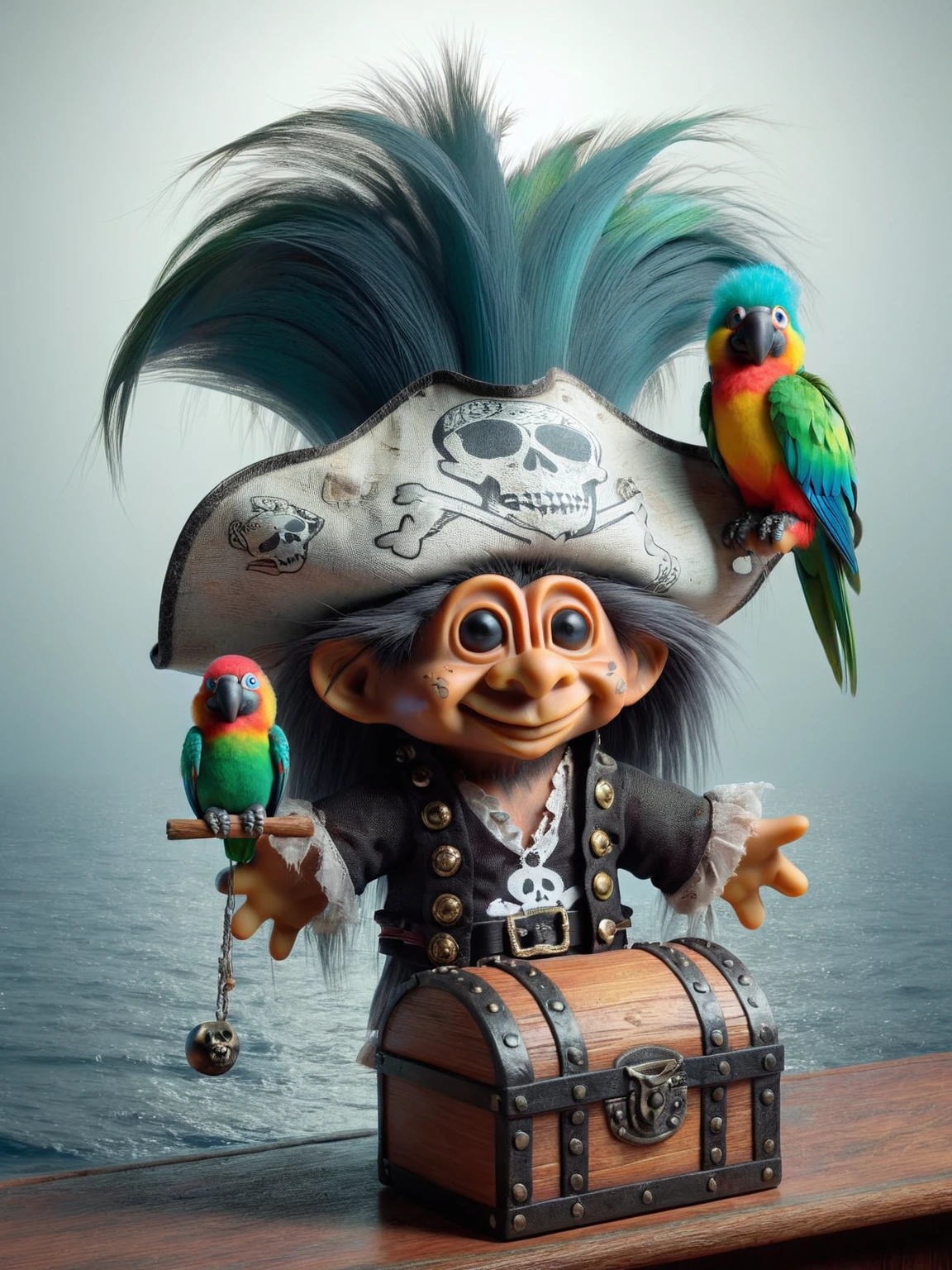 ais-trollz pirate, with a weathered tricorn hat and a parrot companion, aboard a ghost ship sailing through misty, moonlit seas, treasure chests and old maps scattered around <lora:Russ_Trolls_Style_SDXL:1>