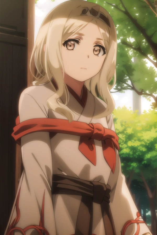 utawarerumonohonoka, <lora:utawarerumono honoka s2-lora-nochekaiser:1>,
honoka, long hair, blonde hair, (brown eyes:1.5), wavy hair,
BREAK long sleeves, hairband, japanese clothes, wide sleeves, kimono, headband, hakama, miko, horn,
BREAK outdoors,
BREAK looking at viewer, (cowboy shot:1.5),
BREAK <lyco:GoodHands-beta2:1>, (masterpiece:1.2), best quality, high resolution, unity 8k wallpaper, (illustration:0.8), (beautiful detailed eyes:1.6), extremely detailed face, perfect lighting, extremely detailed CG, (perfect hands, perfect anatomy),