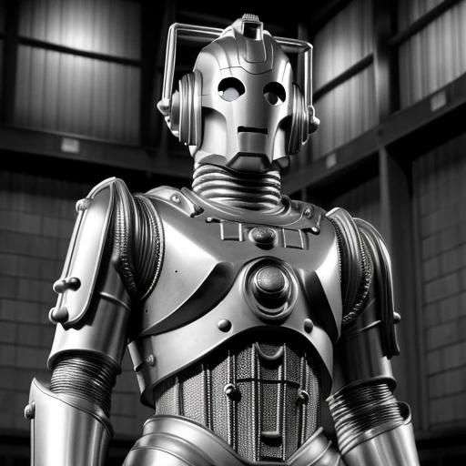 photographic, realistic, realism, 35mm film,black and white,  of classic cyberman, masterpeice