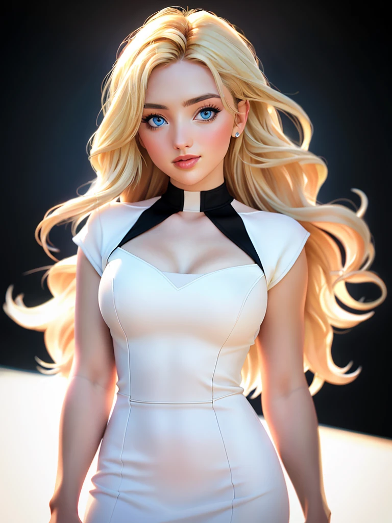 masterpiece, best quality, high resolution, draw, comic, hyper realism, syds woman, (alone:1.2), long hair, blond hair, slim and gorgious body, beautiful breasts, ((wearing very attractive white dress)), very soft light, black night, concept art, horror, dark, very dark, art by Yoji Shinkawa, ink and watercolor, ((concept-art)), ((white background))