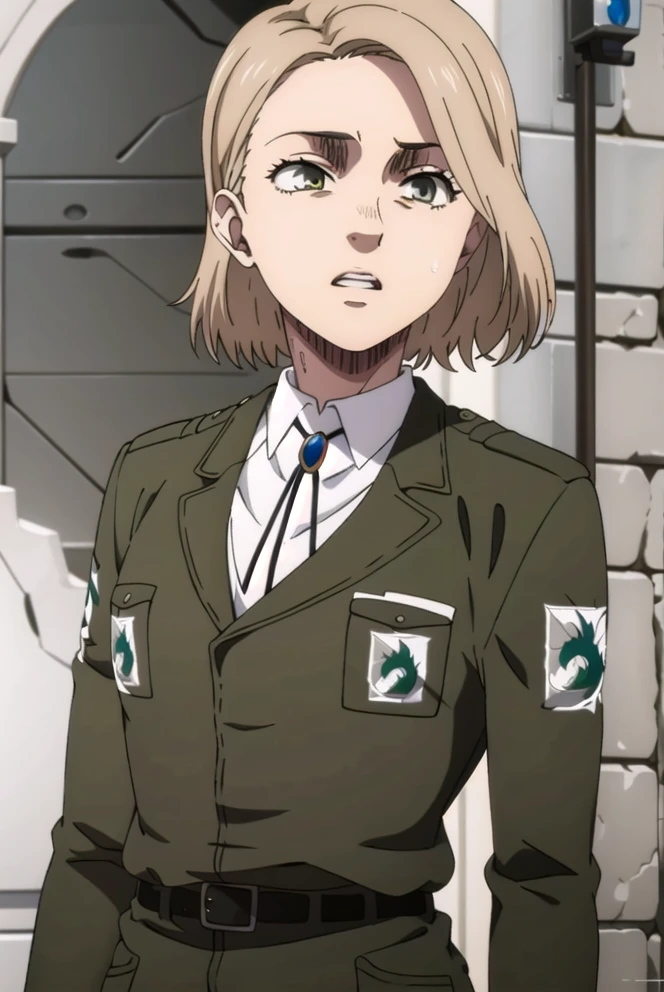 masterpiece, best quality, hitchaot, 1girl, uniform, upper body, solo, outdoors, open mouth, highres, <lora:hitchaot-14:0.95>