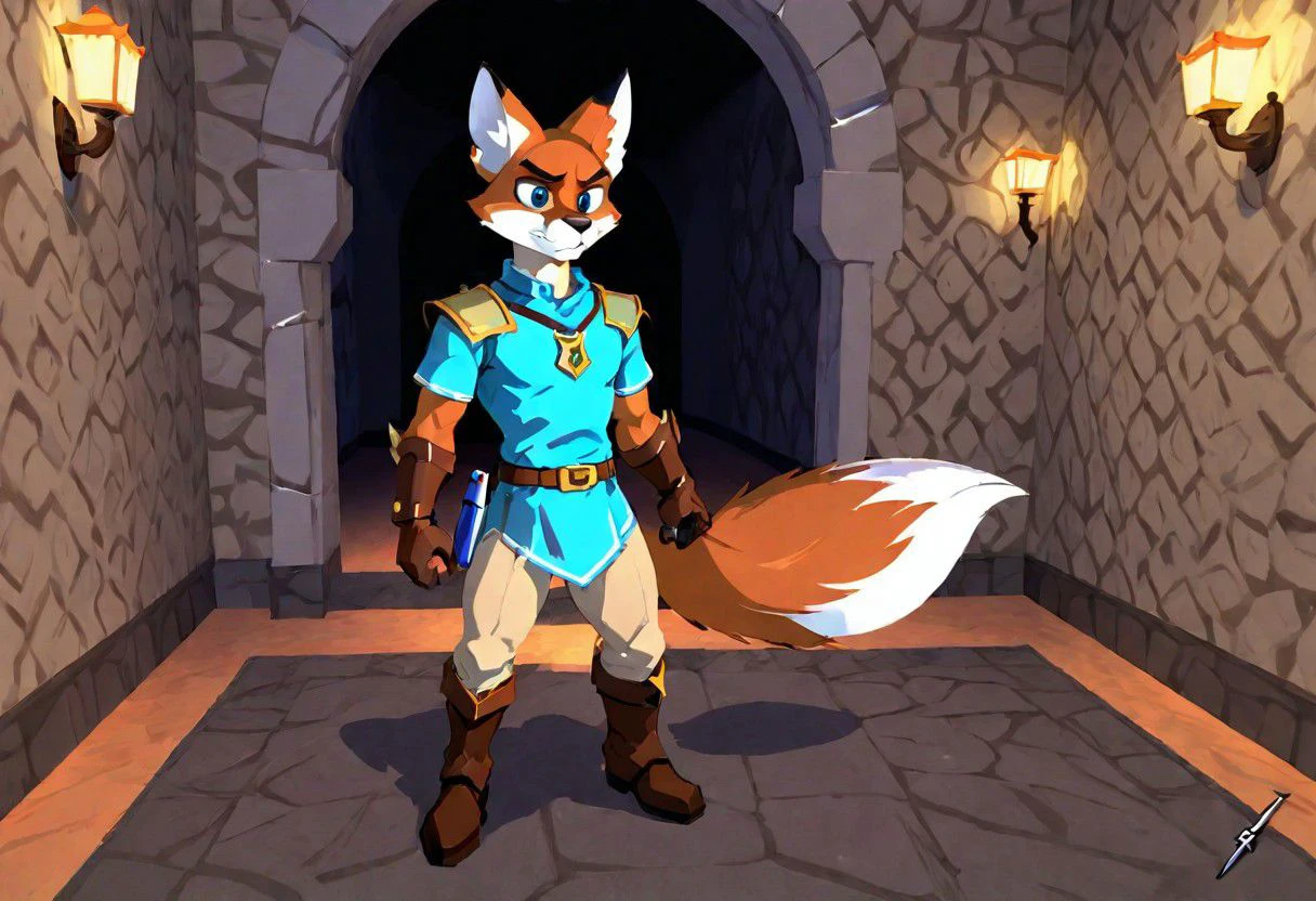 solo, male, Anthro, fox, two toned, two colored, blue tunic, brown gloves, brown belt, brown, boots, multicolored shield, fox emblem on shield, thick black eyebrows, big expressive brown eyes, cartoony, retro, playstation1 style, low resolution, low poly, 3d, 3d model, circular shadows, soft pixel lighting, cell shading, textures warping in the background, castle room, lanterns hanging on the wall