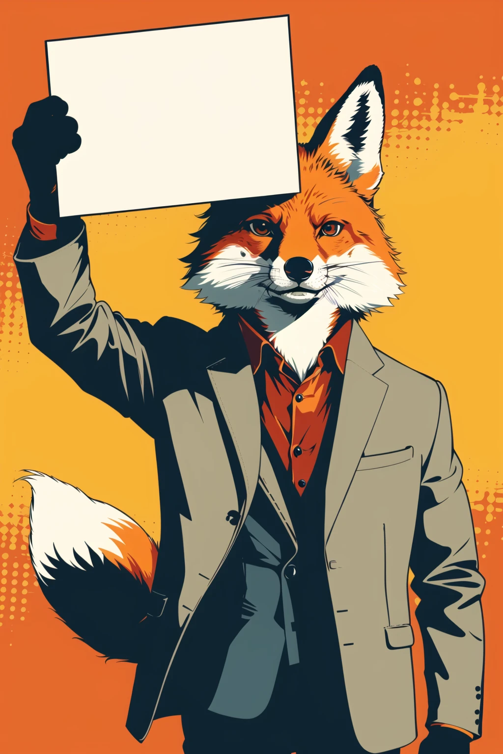 master piece, high quality, a Agent fox fashion star agent holding up a blank white sign