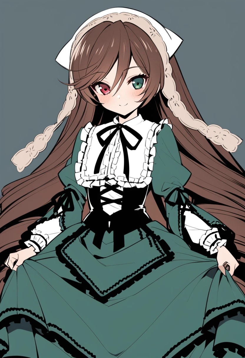 1girl, suiseiseki, solo, long hair, dress, brown hair, long sleeves, smile, blush, heterochromia, looking at viewer, very long hair, red eyes, simple background, closed mouth, green eyes, bangs, black dress, frills, ribbon, black ribbon, skirt hold, drill hair, neck ribbon, grey background, hair between eyes, masterpiece, best quality, late, <lora:char - suiseiseki - v1 - bionagato:1>